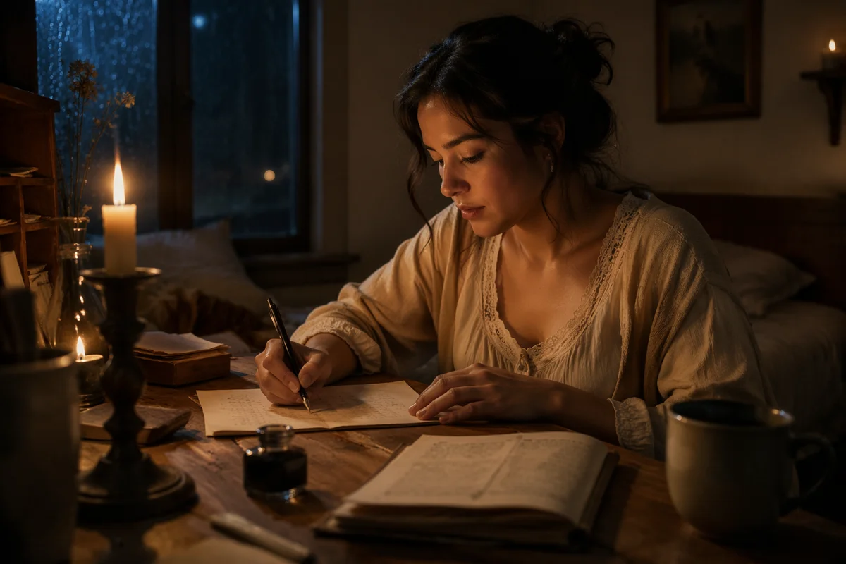 Young Woman Writing Letter by Candlelight