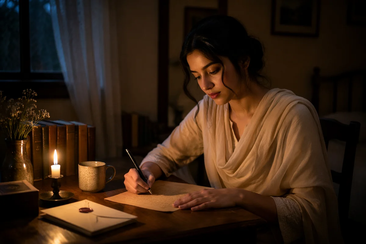 Young Woman Writing Letter by Candlelight