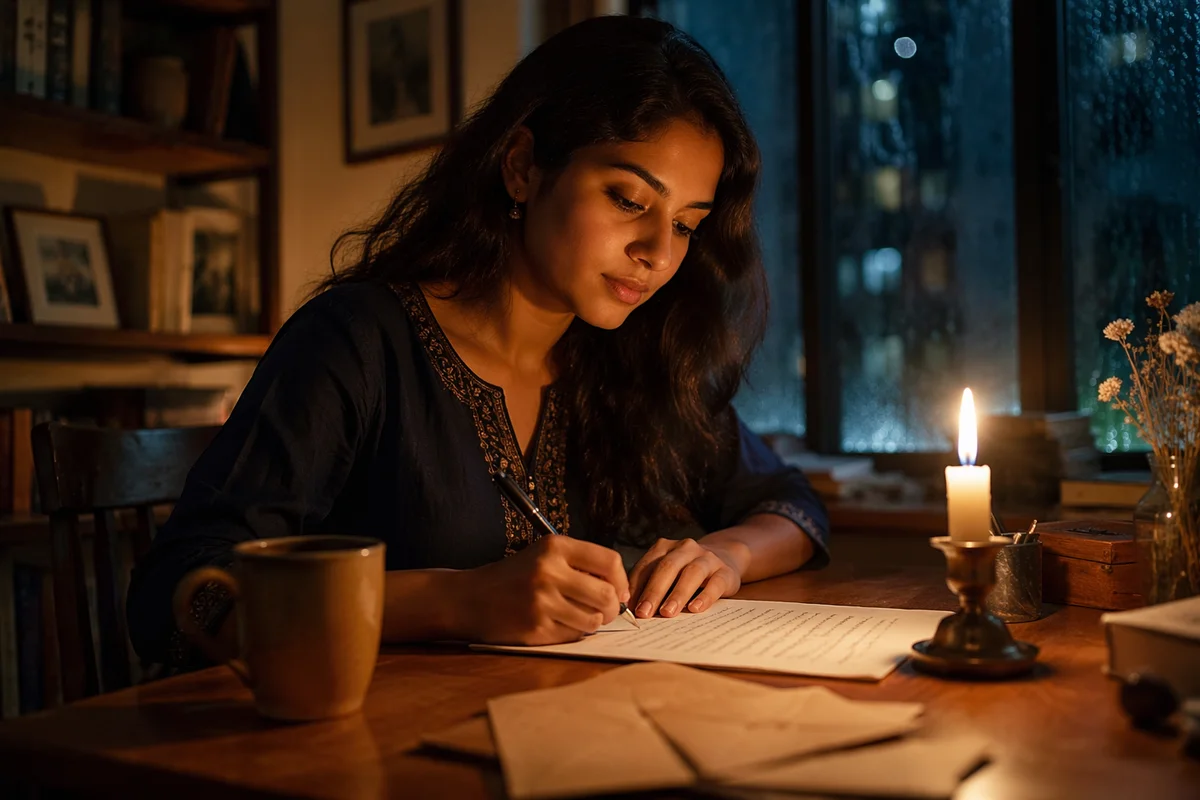 Young Woman Writing Letter by Candlelight