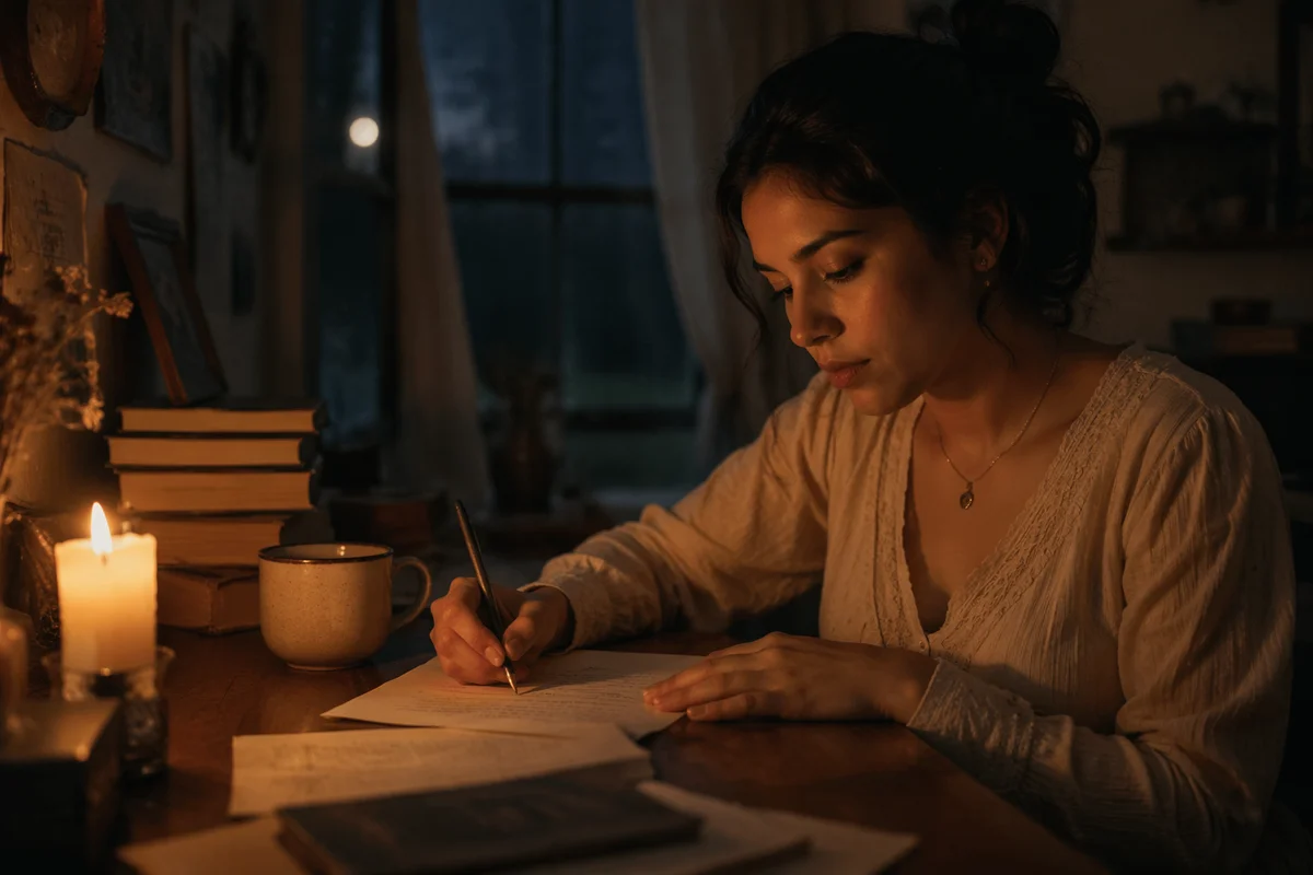 Young Woman Writing Letter by Candlelight