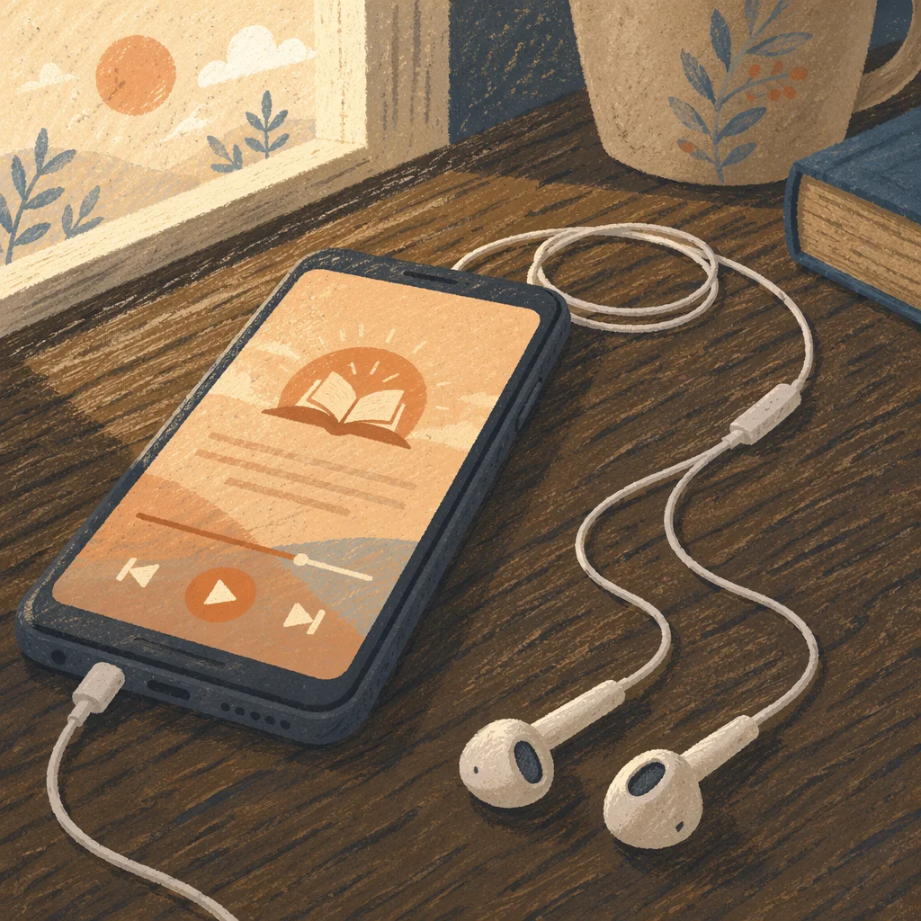 Smartphone and Earbuds on Wood Table