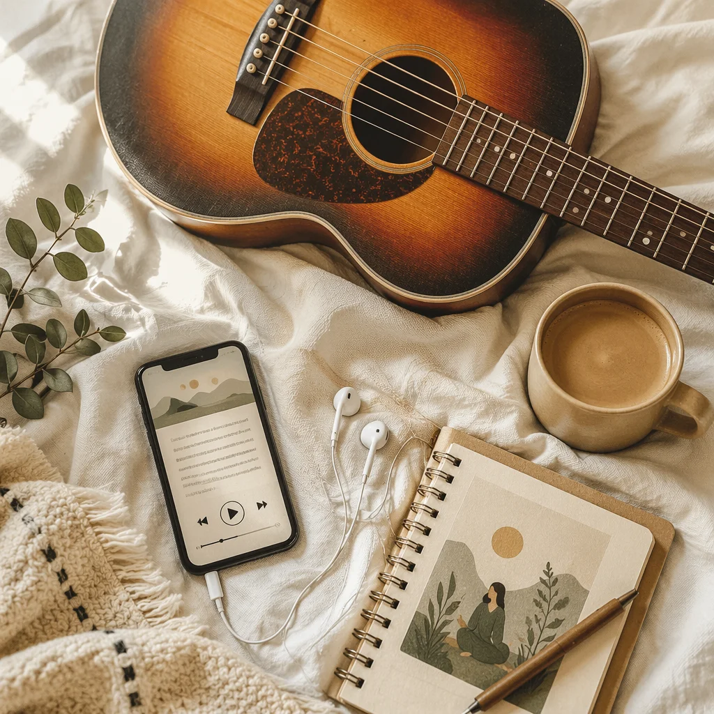 Morning Flat Lay with Guitar and Smartphone