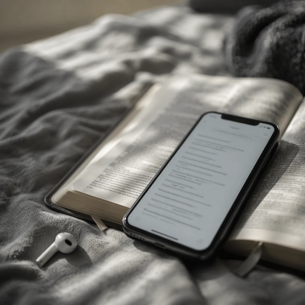 Smartphone on Open Bible in Bed