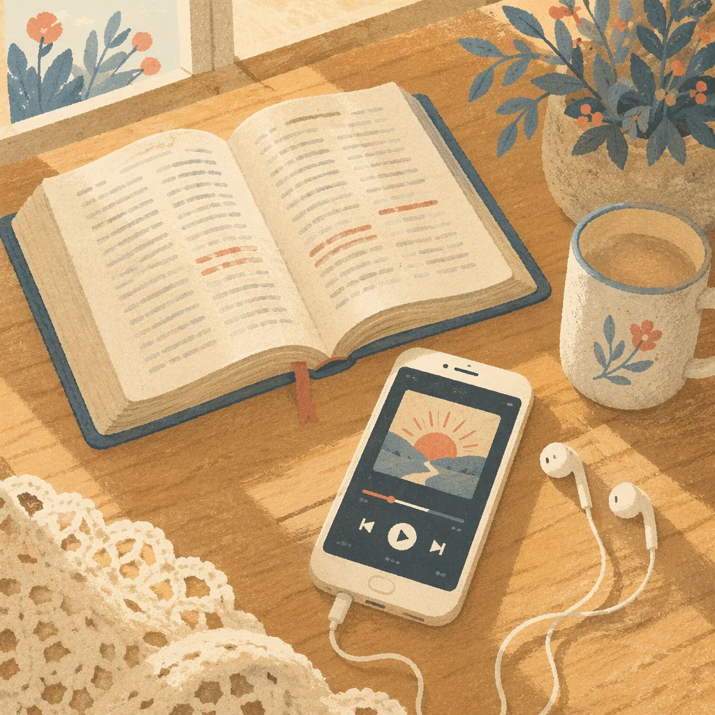 Open Bible and Phone with Earbuds