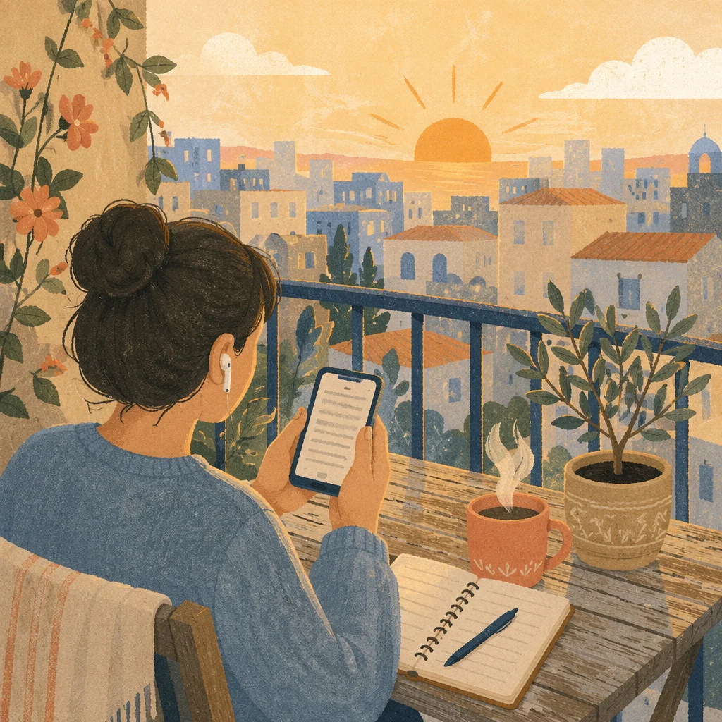 Quiet Morning Balcony Reading with Smartphone