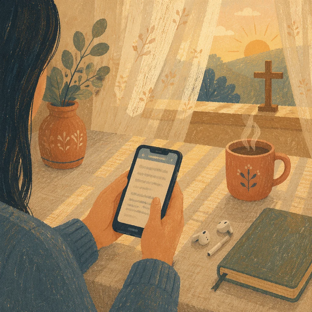 Hands Holding Smartphone at Morning Table