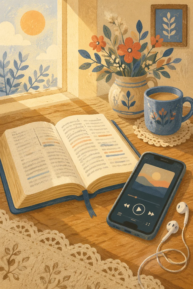 Open Bible, Smartphone and Earbuds on Table