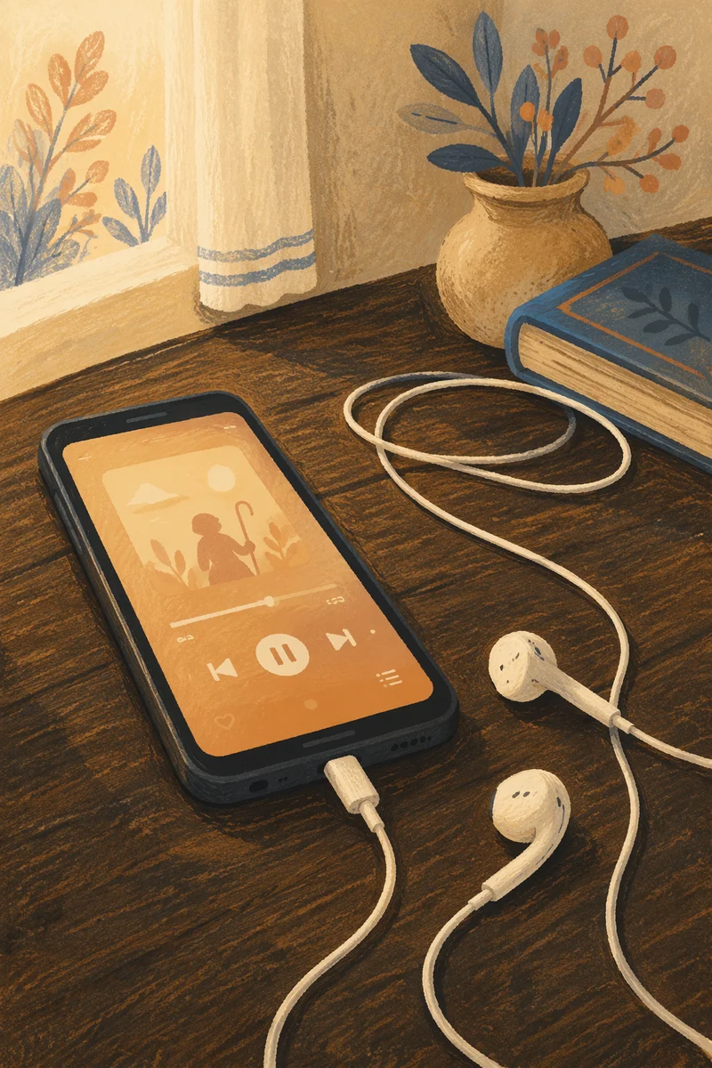Morning Bible App with Earbuds on Wood