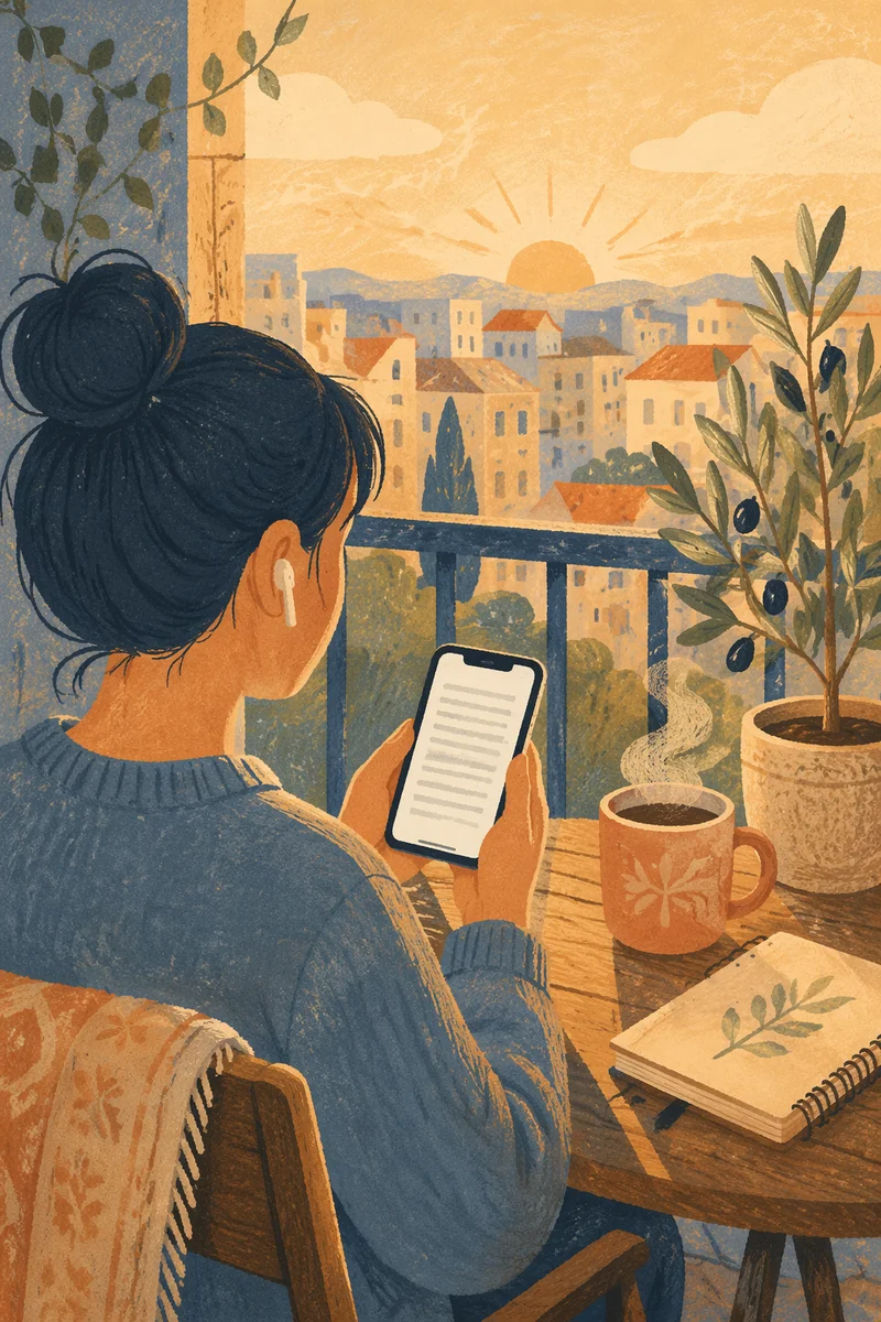 Morning Balcony Reading with Smartphone and Earbuds