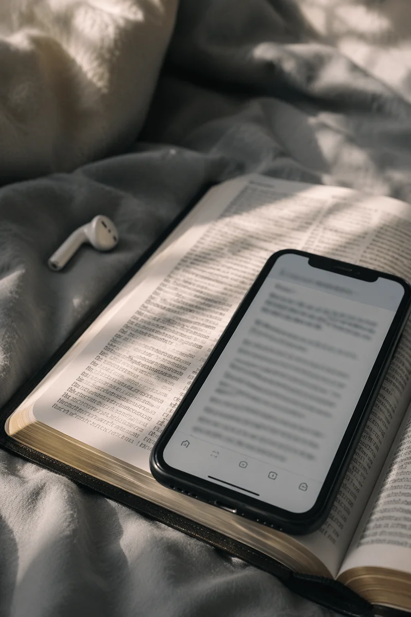 Smartphone on Open Bible with Earbud