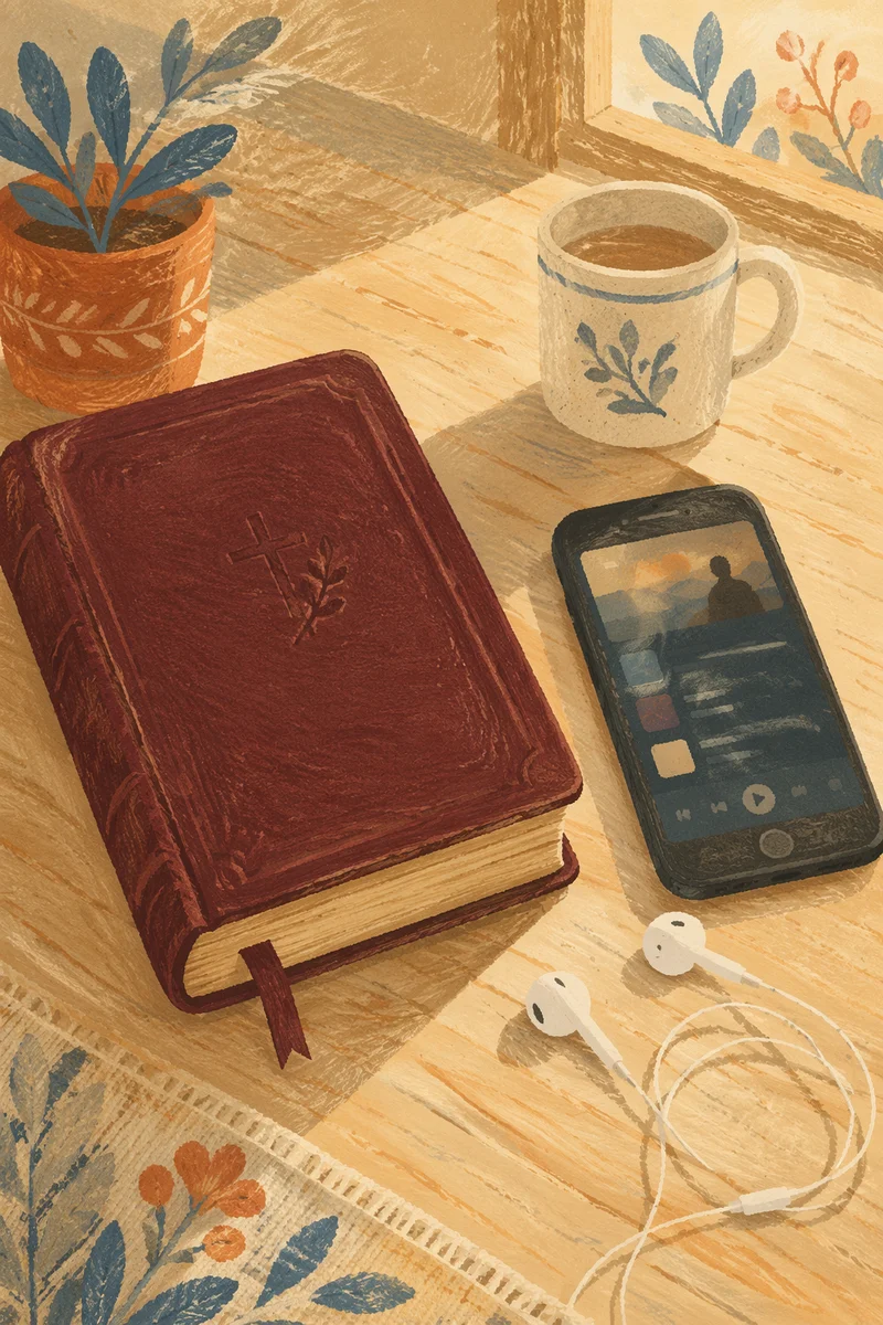 Bible Smartphone and Earbuds on Wooden Table