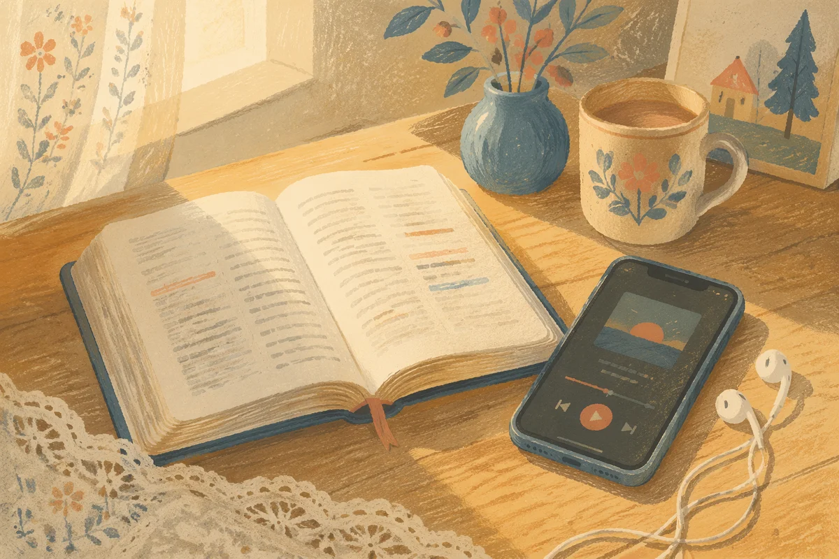Open Bible with Smartphone and Earbuds