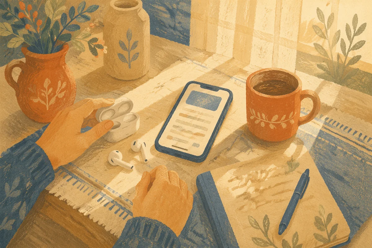 Sunlit Morning Table with Phone and Earbuds