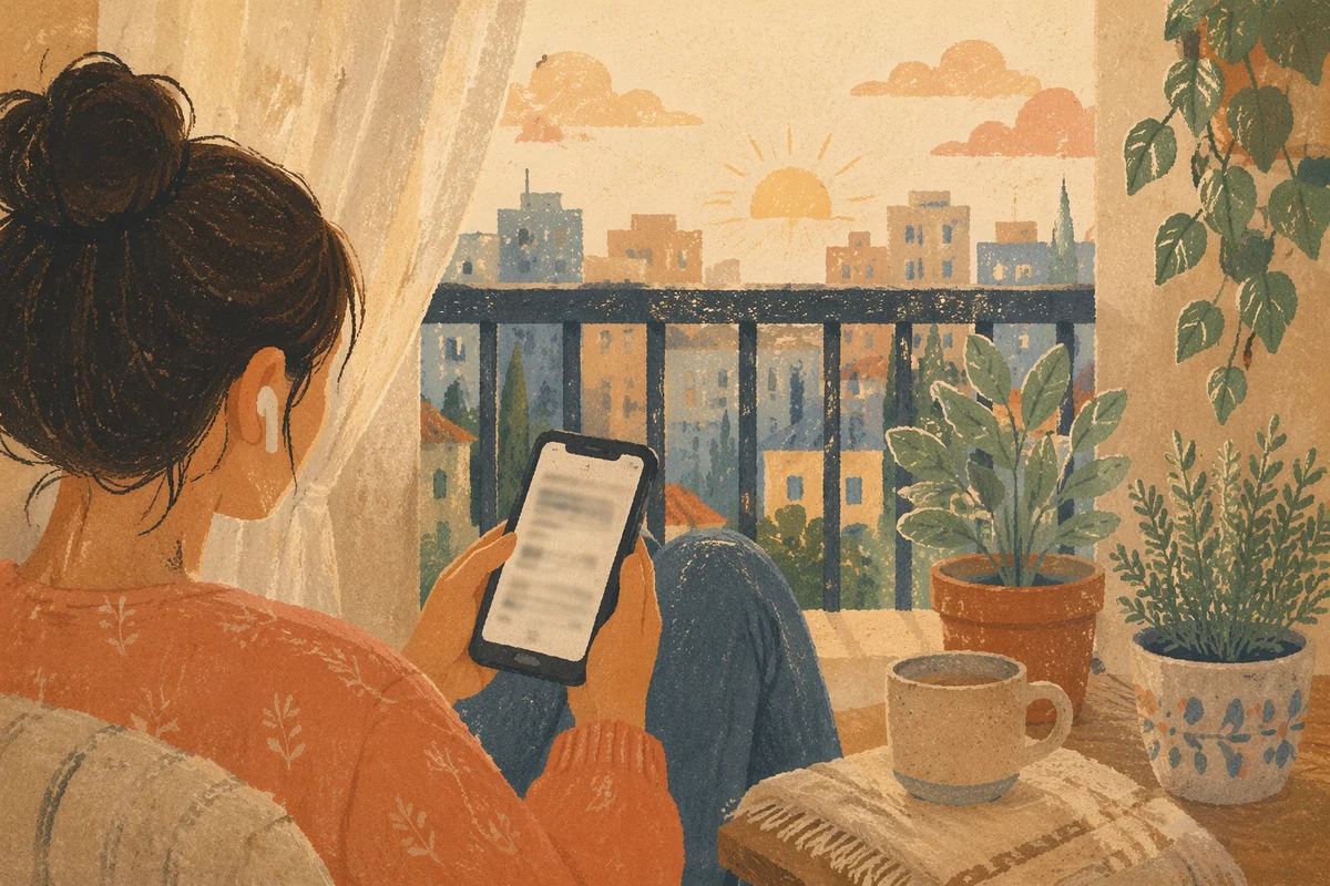 Morning Balcony Reading with Smartphone and Earbuds