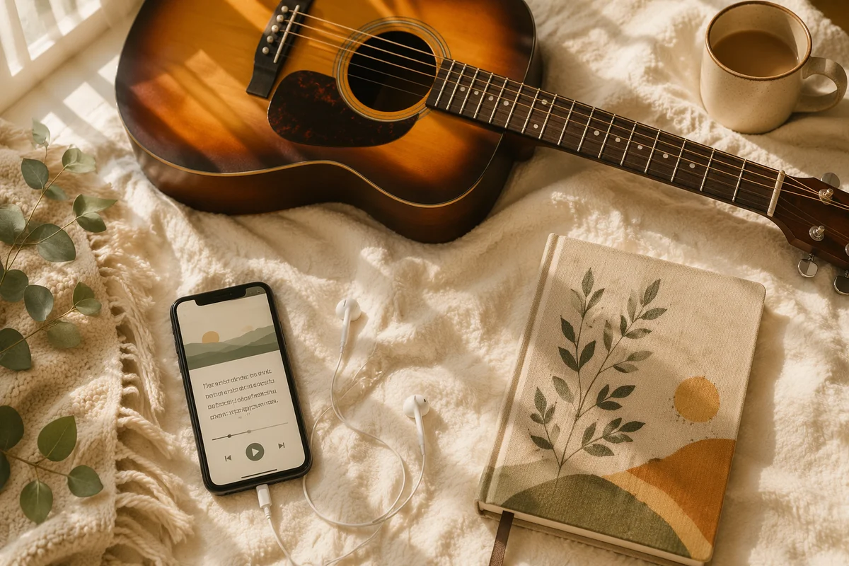 Morning Flat Lay with Phone and Guitar