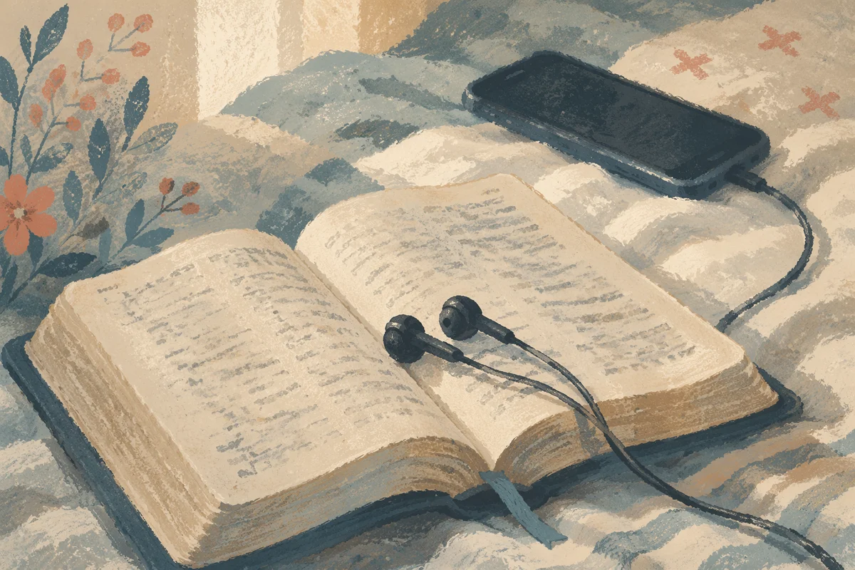Bible, Earbuds and Phone on Bedding