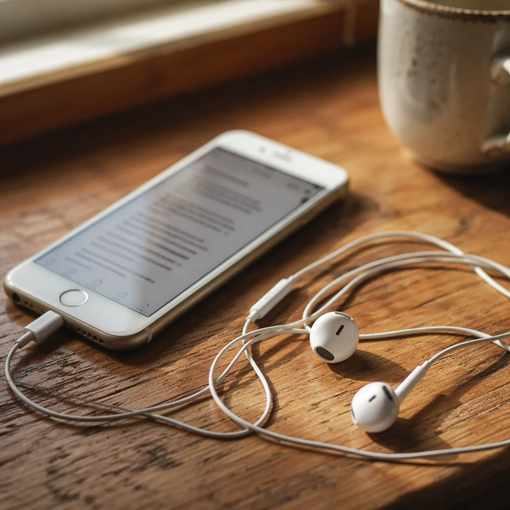 Smartphone and Earbuds on Wooden Table
