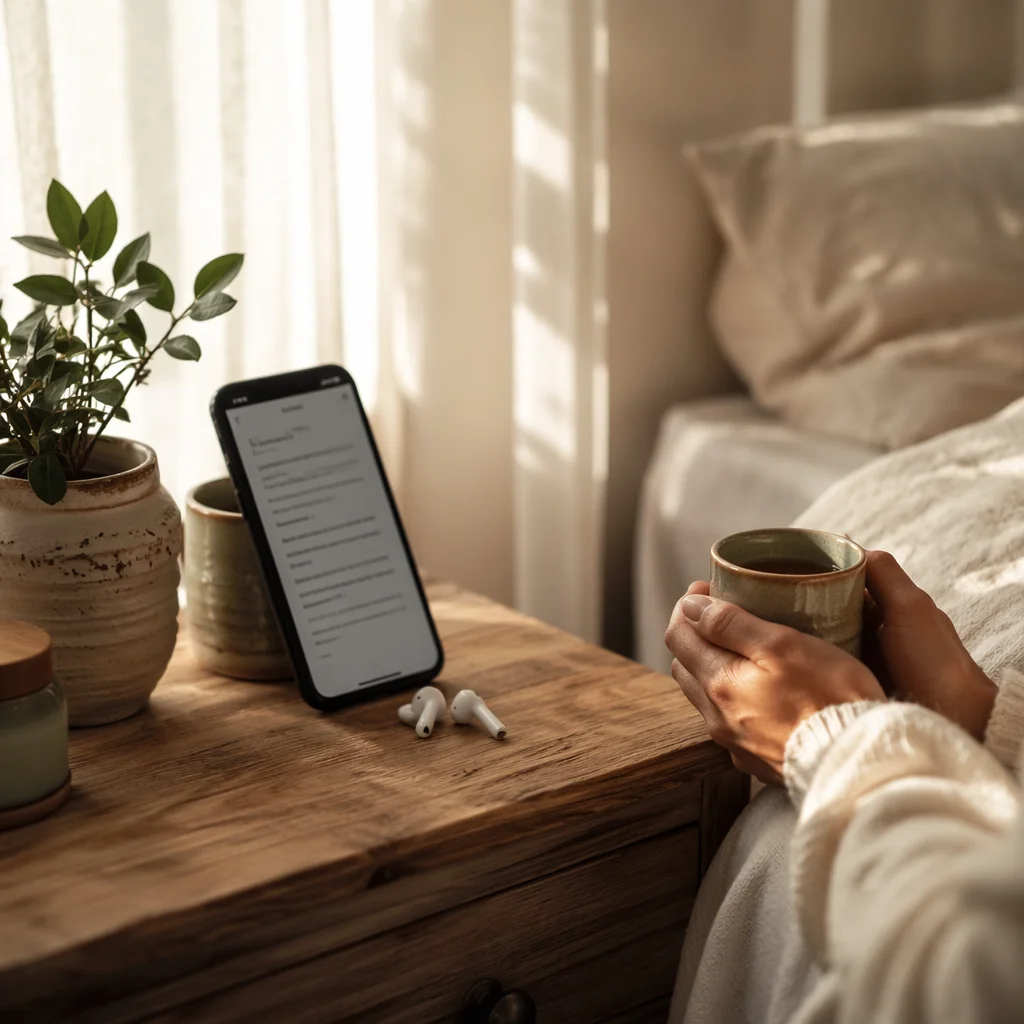 Sunlit Bedside Table with Smartphone and Earbuds