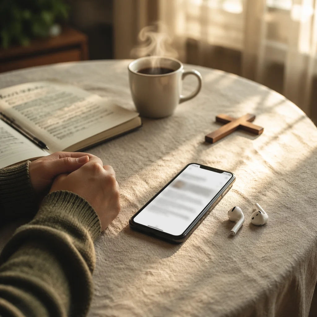 Morning Devotional with Phone and Earbuds