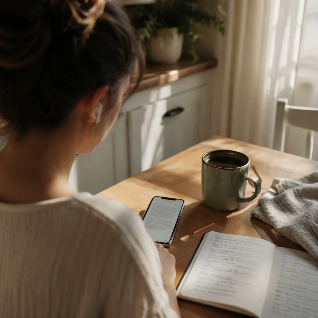 Quiet Morning Table with Phone and Earbuds