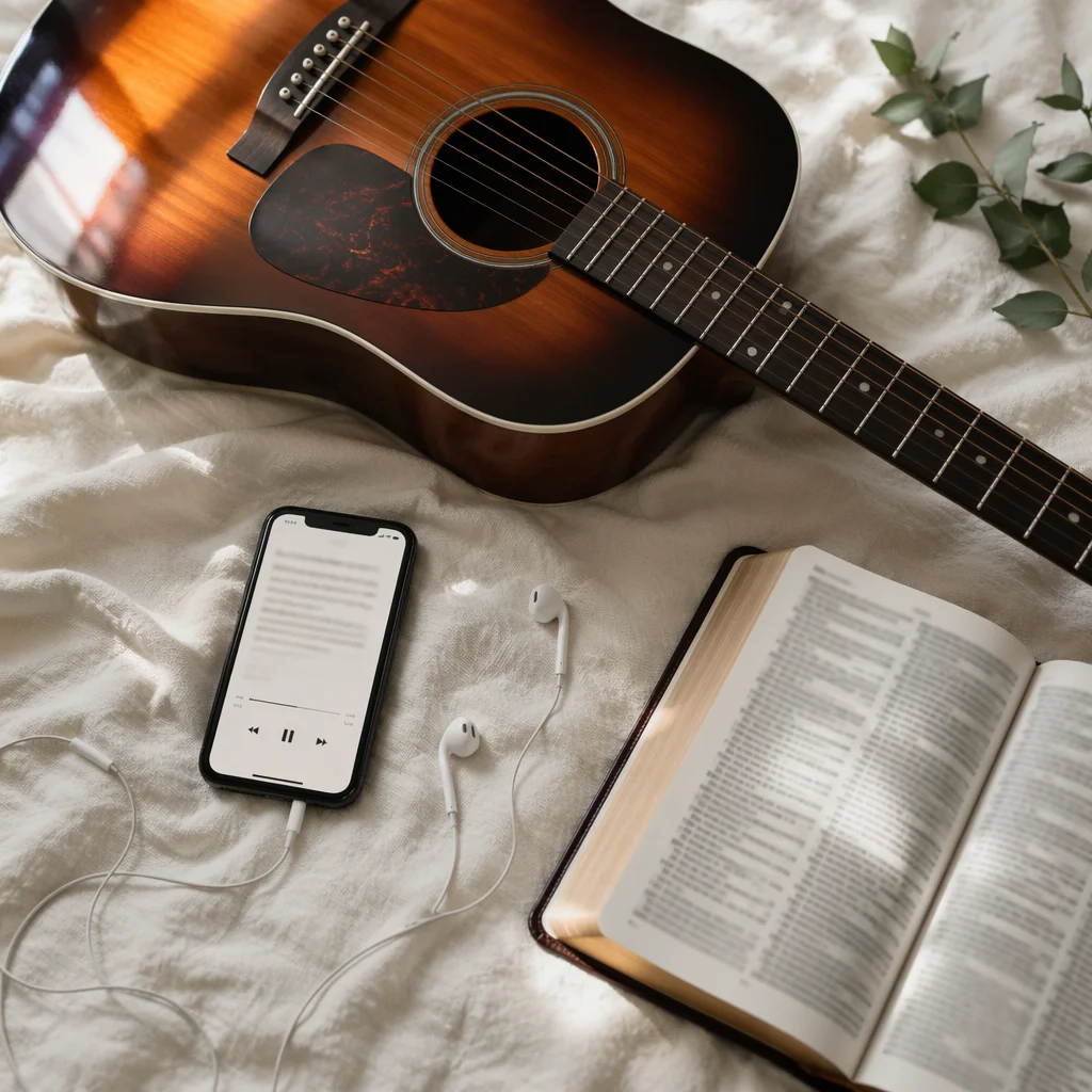 Morning Flat Lay with Phone and Guitar