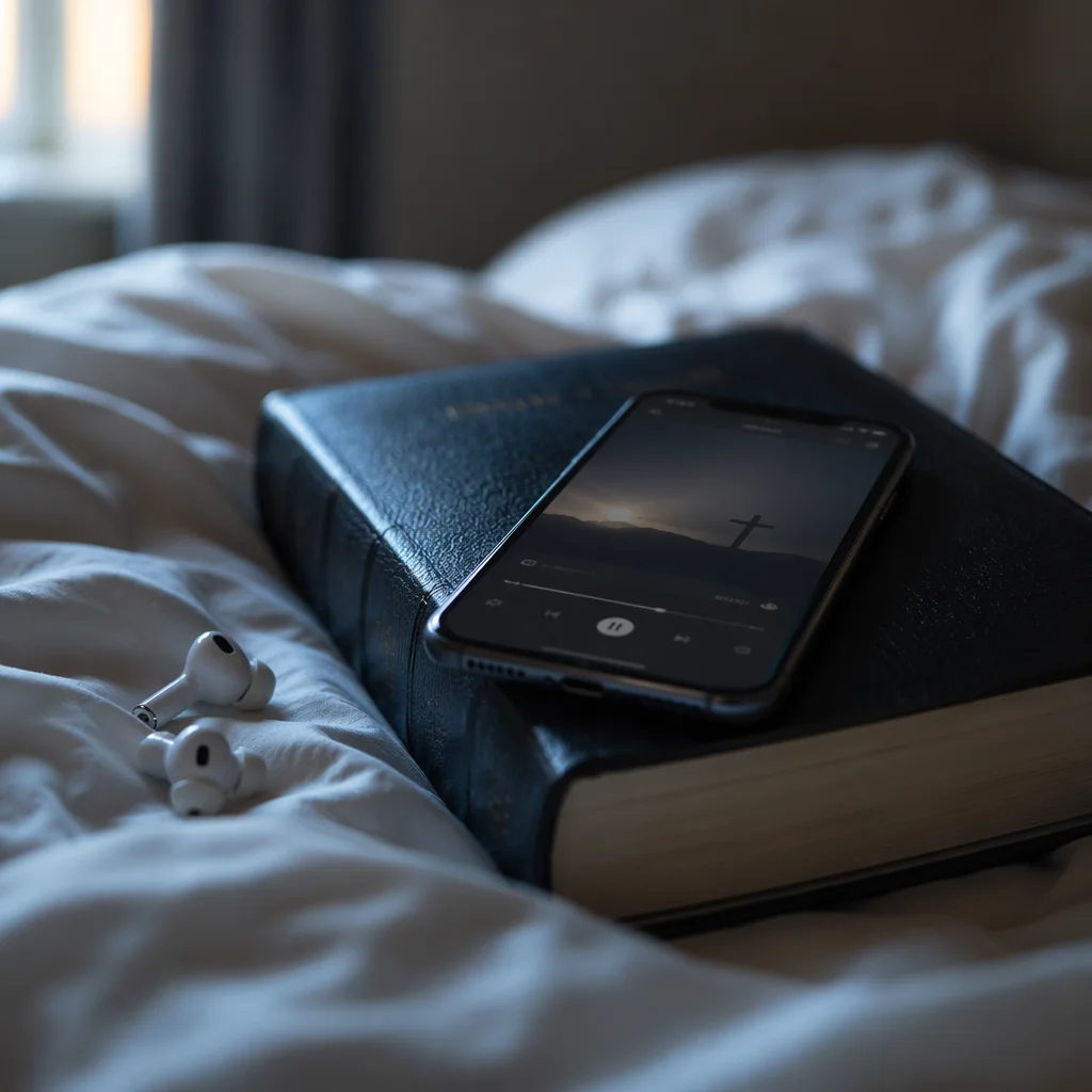 Morning Bible App with Earbuds Scene