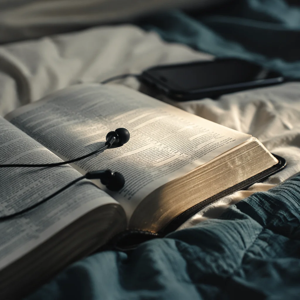 Bible with Earbuds on Morning Bedding