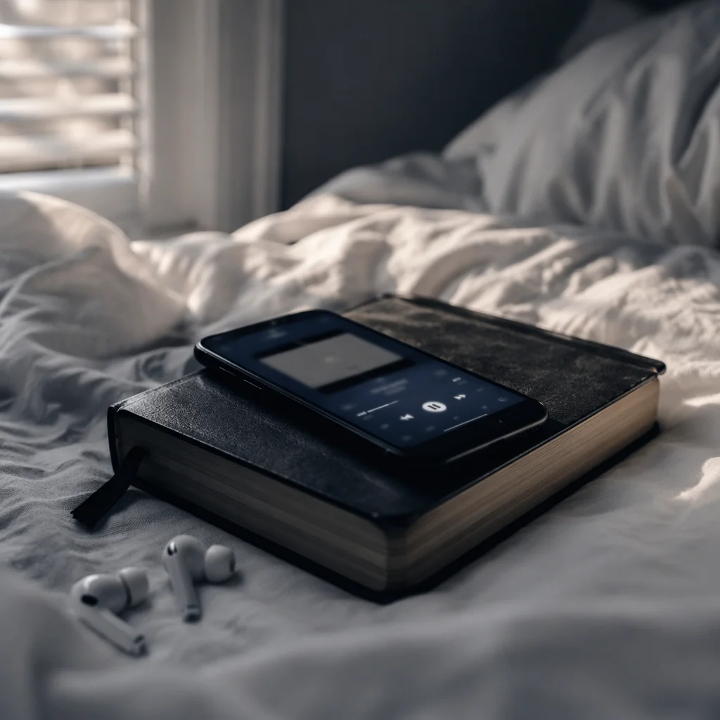 Smartphone and Earbuds on Black Bible