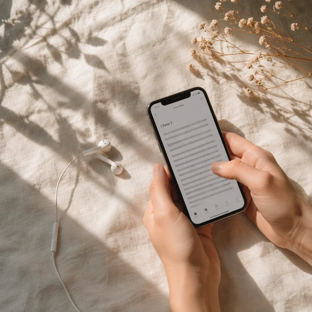 Morning Bible App Devotion With Earbuds