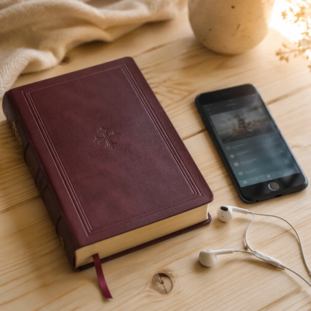 Bible, Smartphone and Earbuds on Table