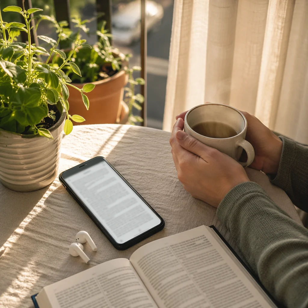 Smartphone and Earbuds on Morning Balcony Table
