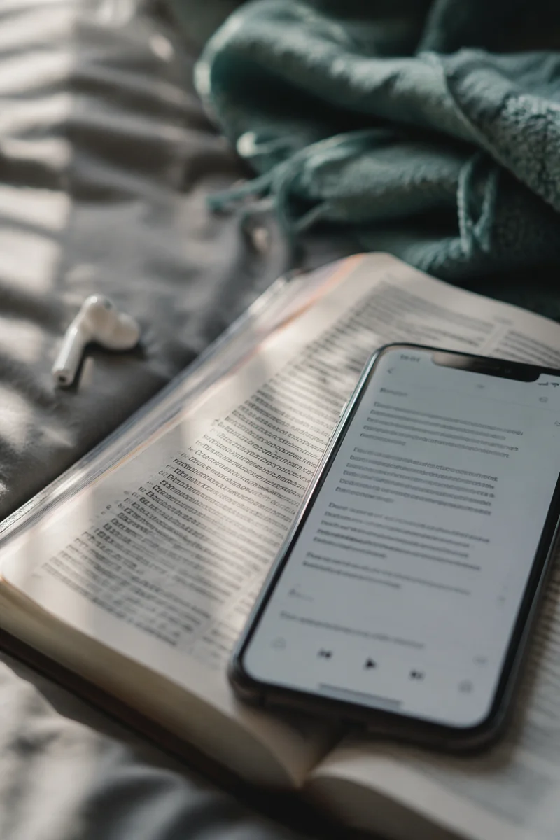 Smartphone on Open Bible With Earbud