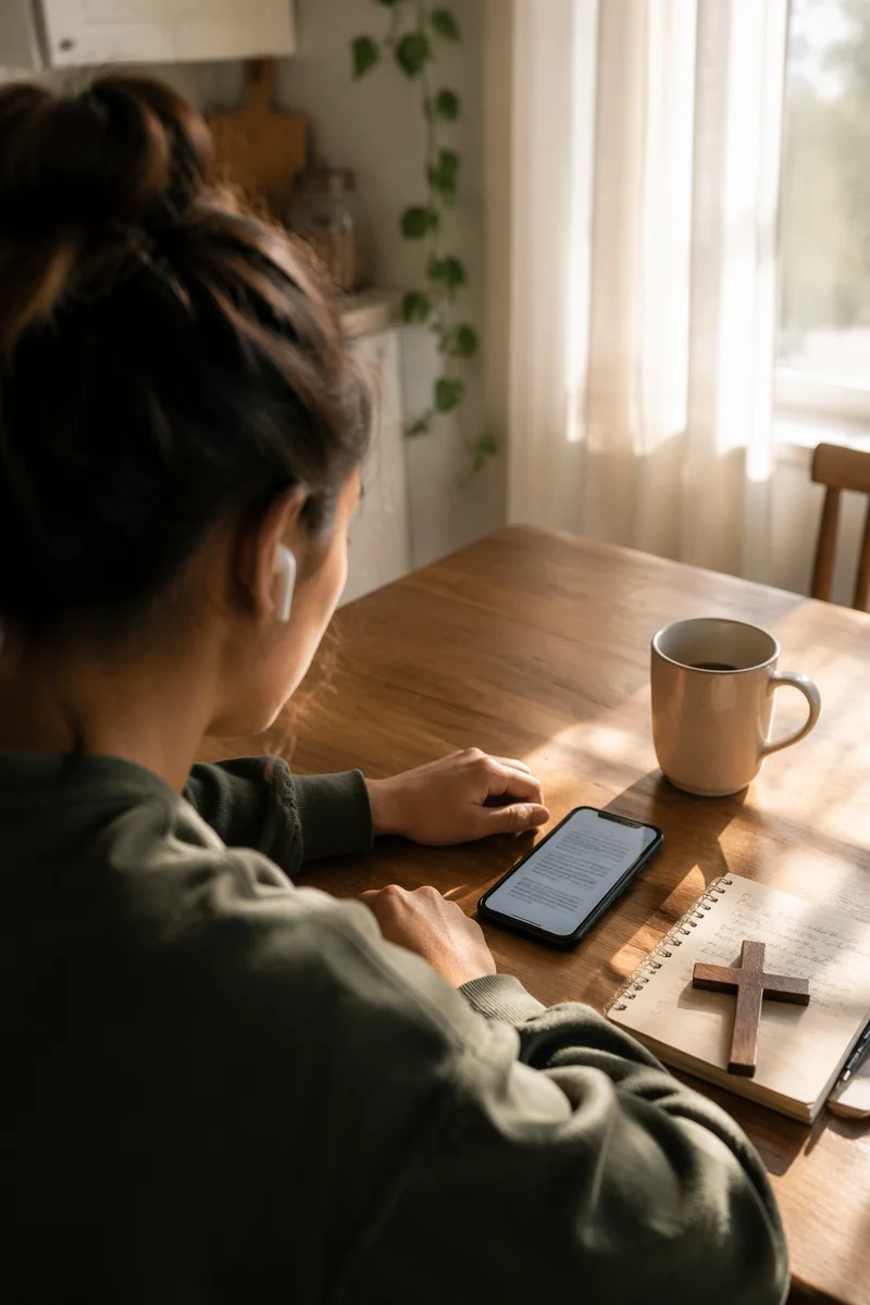 Morning Bible App Devotion with Earbuds