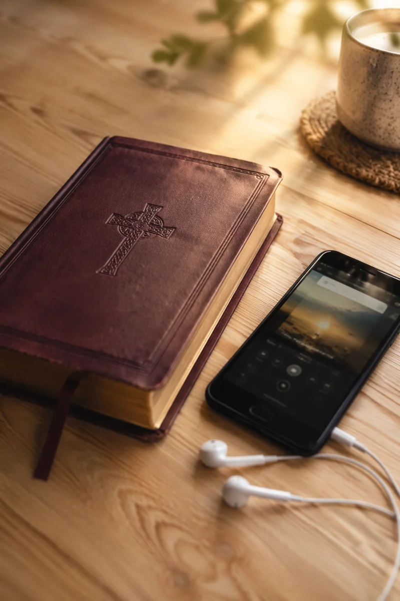 Bible, Smartphone and Earbuds on Table