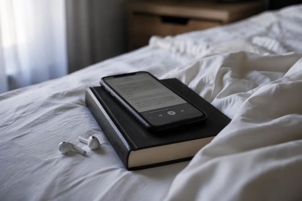 Smartphone on Black Bible in Bed