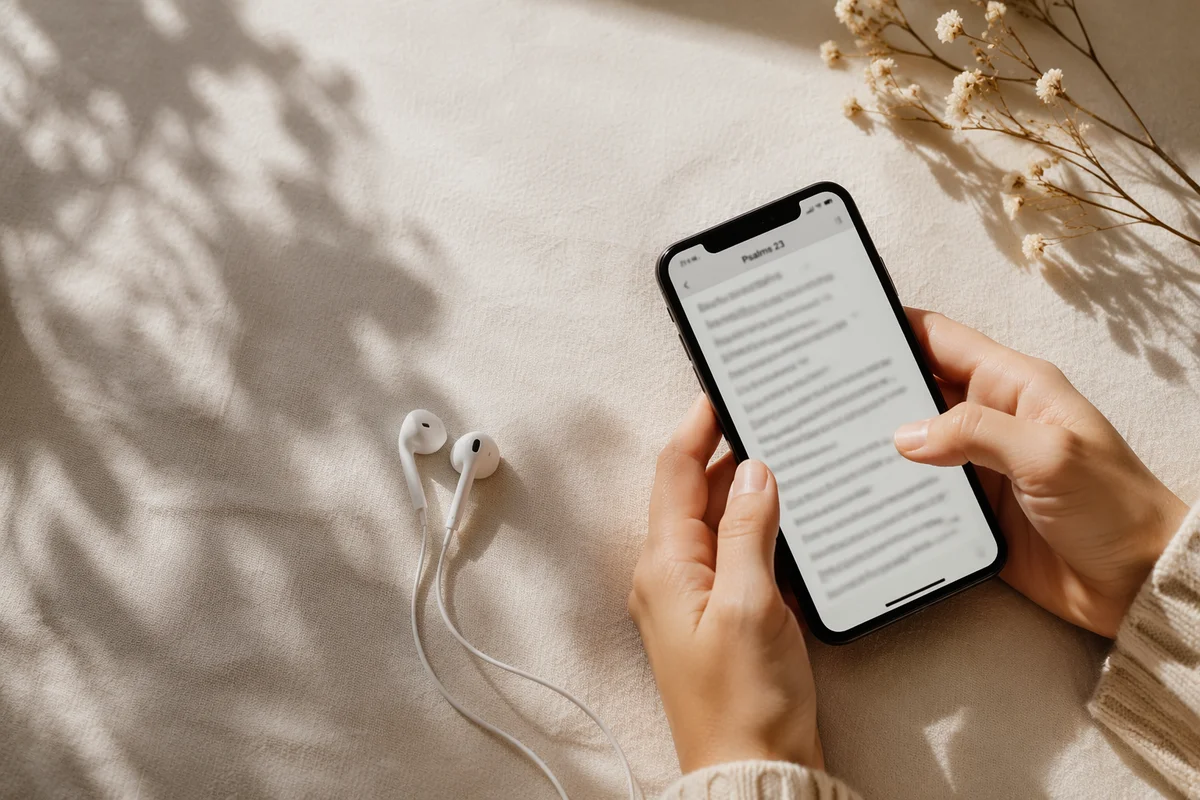 Morning Bible App Devotion With Earbuds