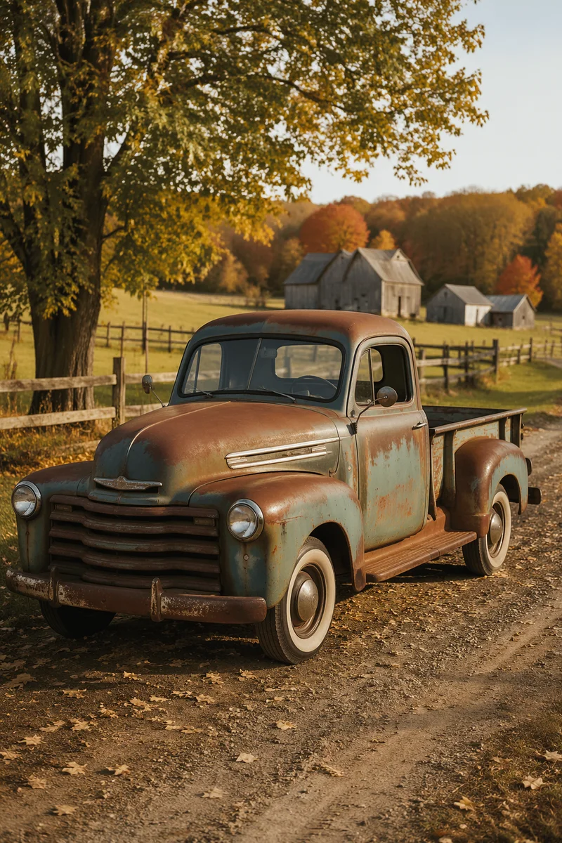 Vintage Pickup Truck on Autumn Farm Road