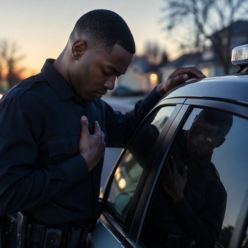Police Officer Praying Beside Patrol Car