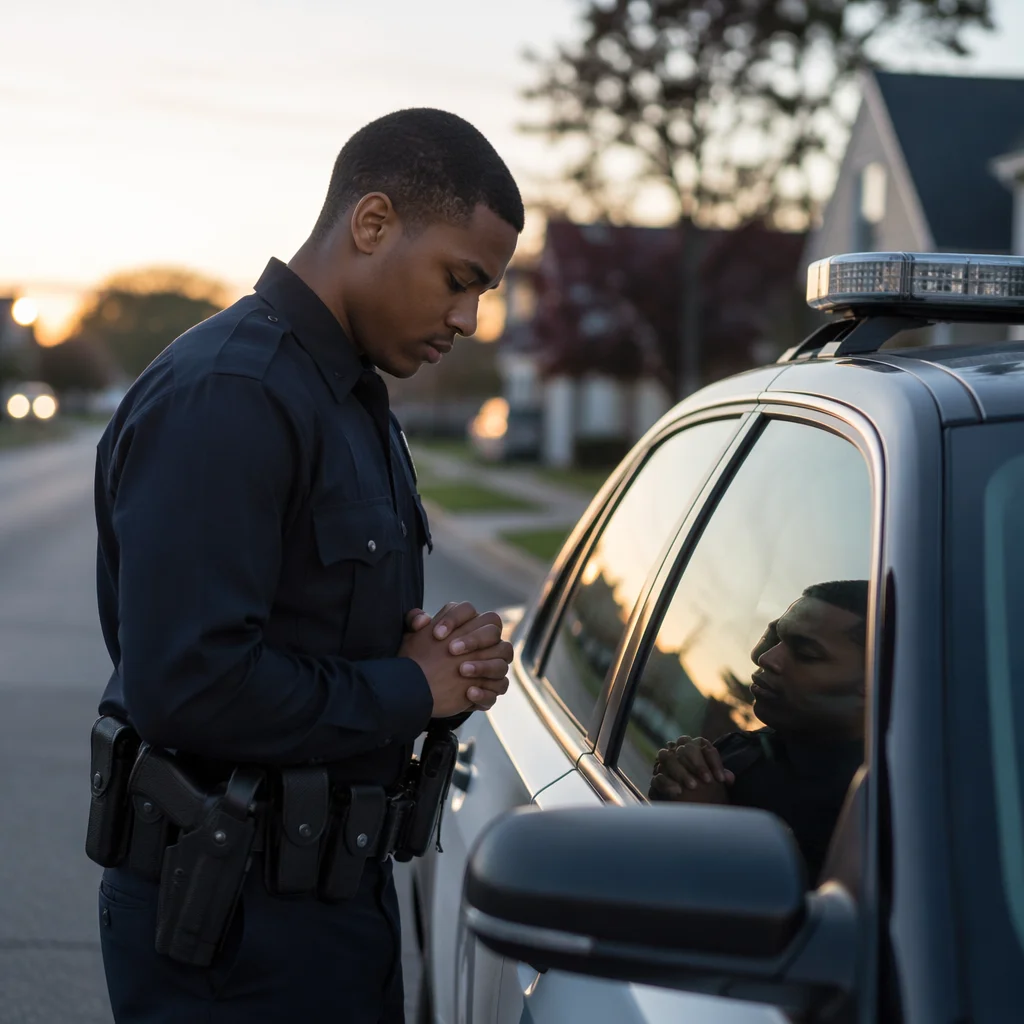 Police Officer Praying Beside Patrol Car