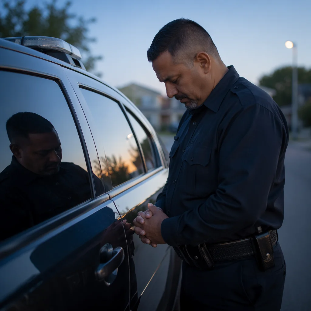 Police Officer Praying Beside Patrol Car