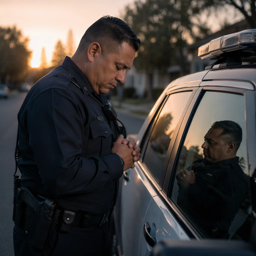 Police Officer Praying Beside Patrol Car