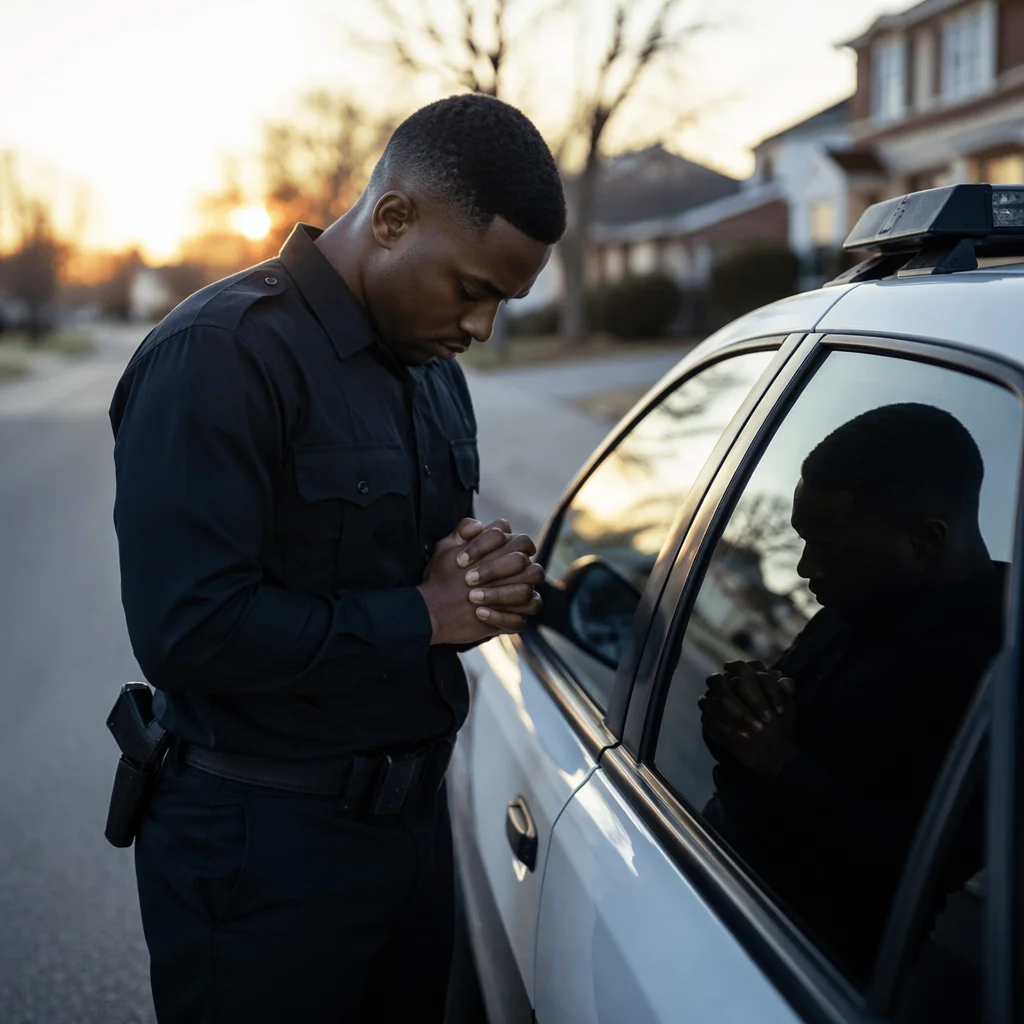 Police Officer Praying Beside Patrol Car