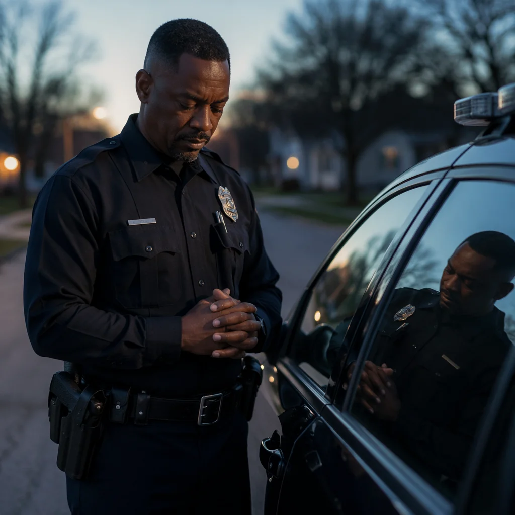 Police Officer in Dawn Reflection Portrait