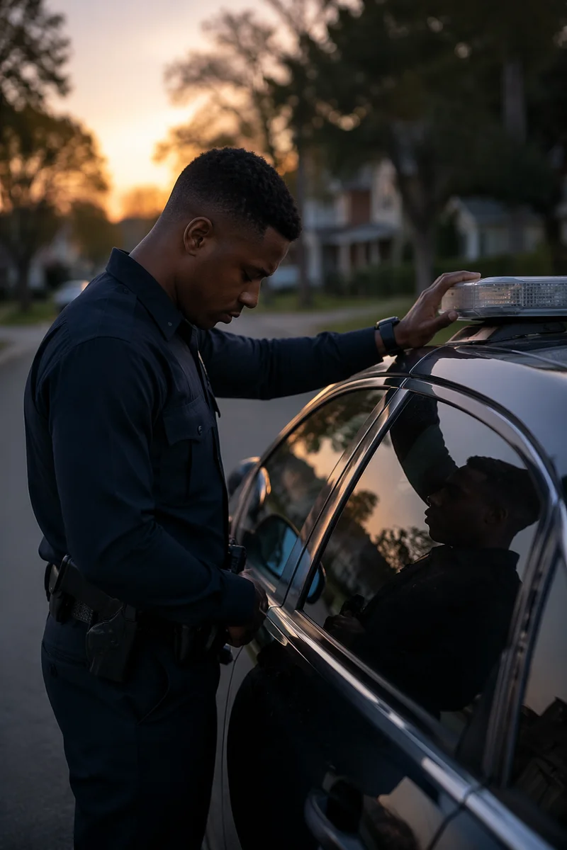 Police Officer Praying Beside Patrol Car