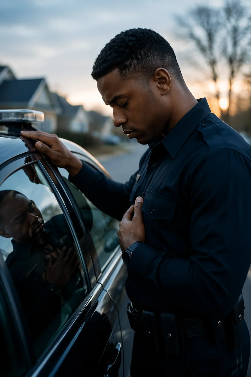 Police Officer Praying Beside Patrol Car