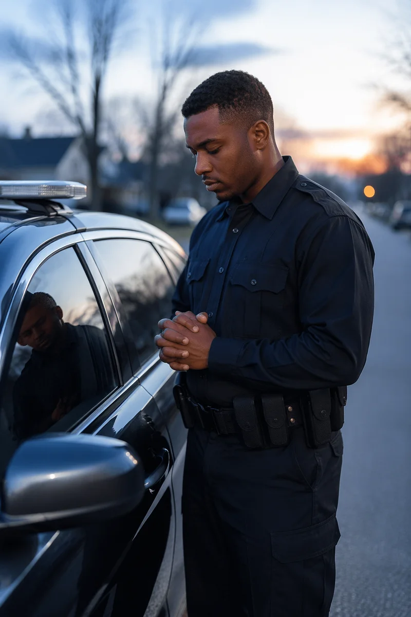 Police Officer Reflecting Beside Patrol Car