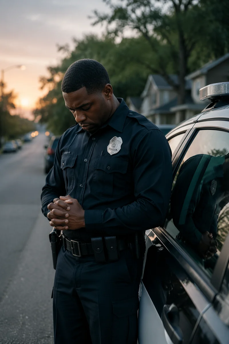 Police Officer Praying Beside Patrol Car