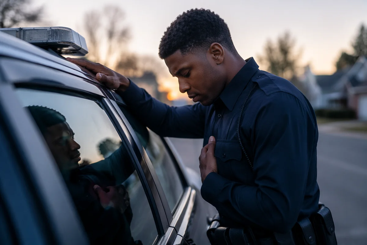 Police Officer Praying Beside Patrol Car