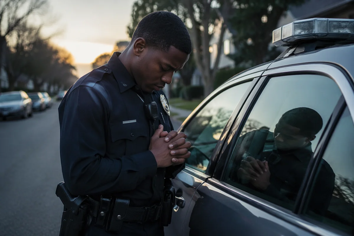 Police Officer Praying Beside Patrol Car