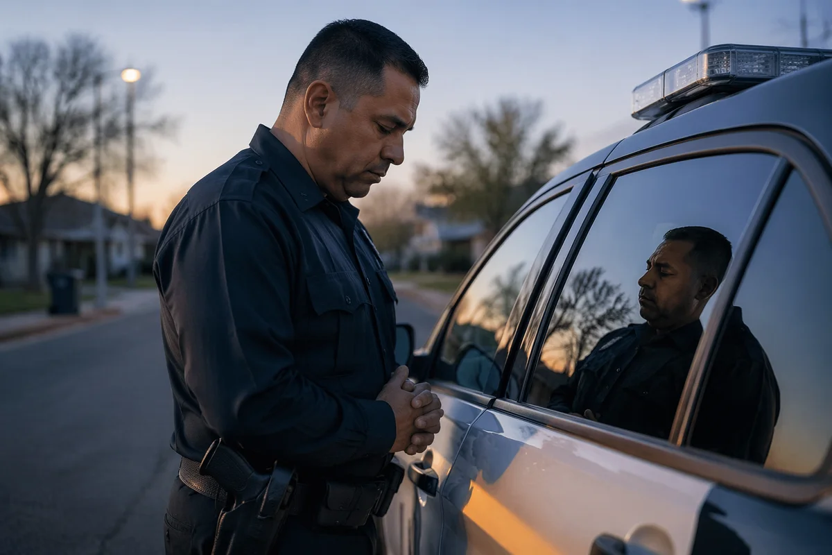 Police Officer Praying Beside Patrol Car